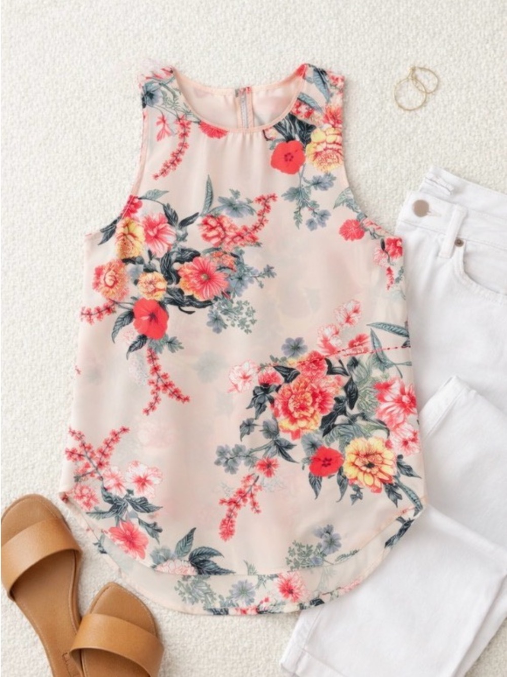 Rachel Roy Sleeveless Floral Blouse Size Small Sheer Beige Pink Back Zip Top